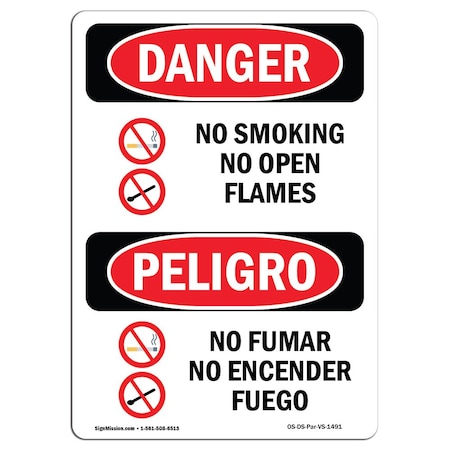 OSHA Danger, No Smoking No Open Flames Bilingual, 18in X 12in Rigid Plastic